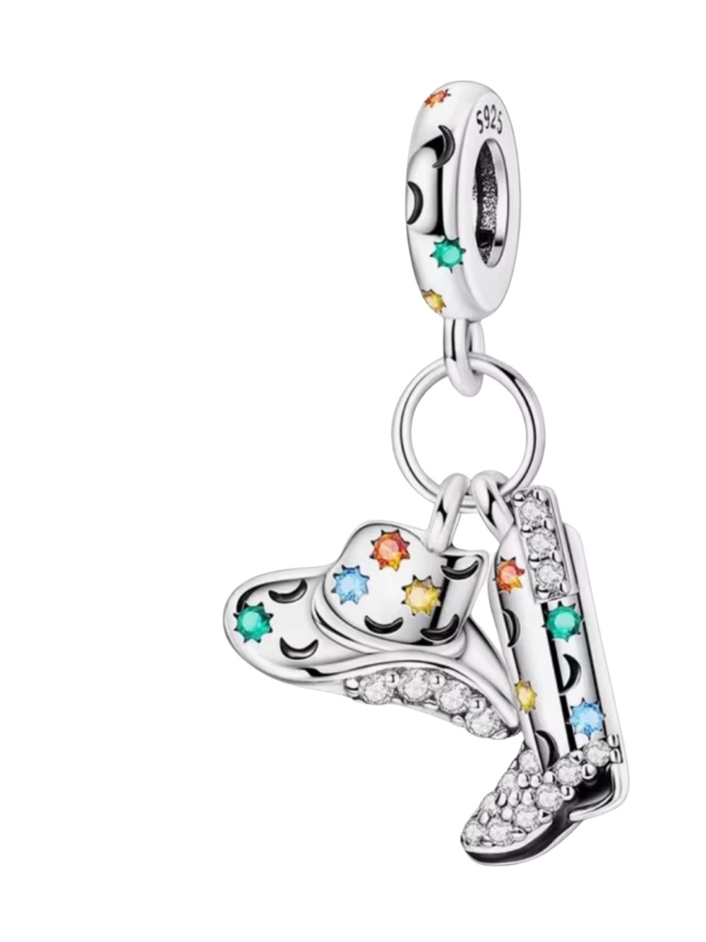 Sterling Silver Cowboy Boot & Hat Dangle Charm CZ Stars Moon-NEW!